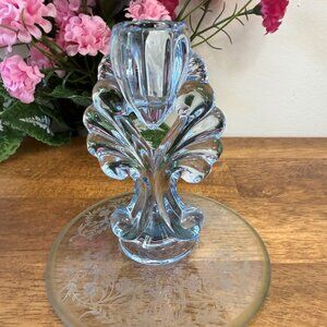 Vintage‎ Etched Glass Candle Holder Blue Tulip Scroll Stem Floral Basket Base
